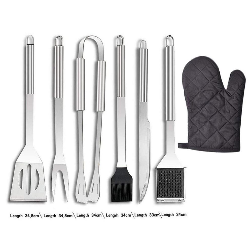 Arrangement of all 25 pieces in stainless steel barbecue grilling tool kit.