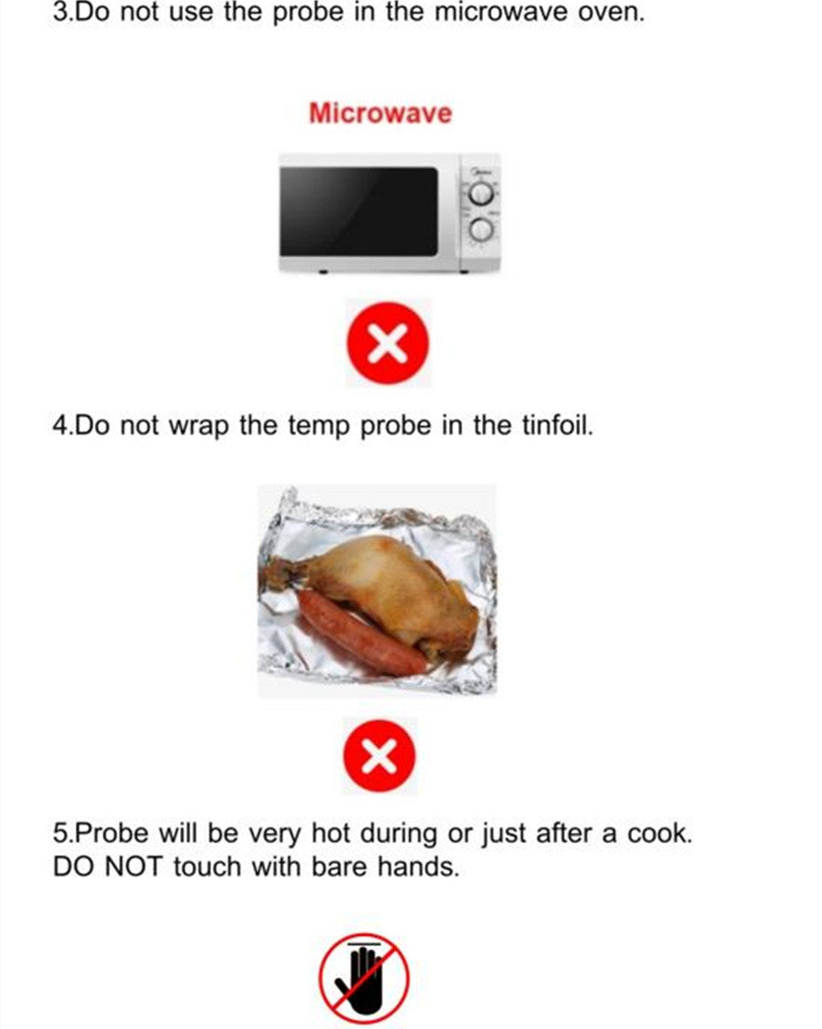Instructions on safe use of a temperature probe with images of a microwave and wrapped food.