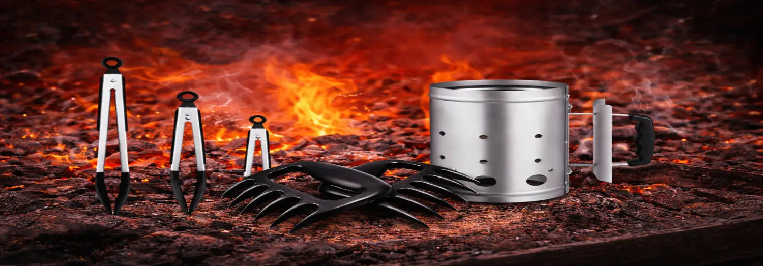Set of barbecue tools including tongs, skewers, and a chimney starter on a fiery background.