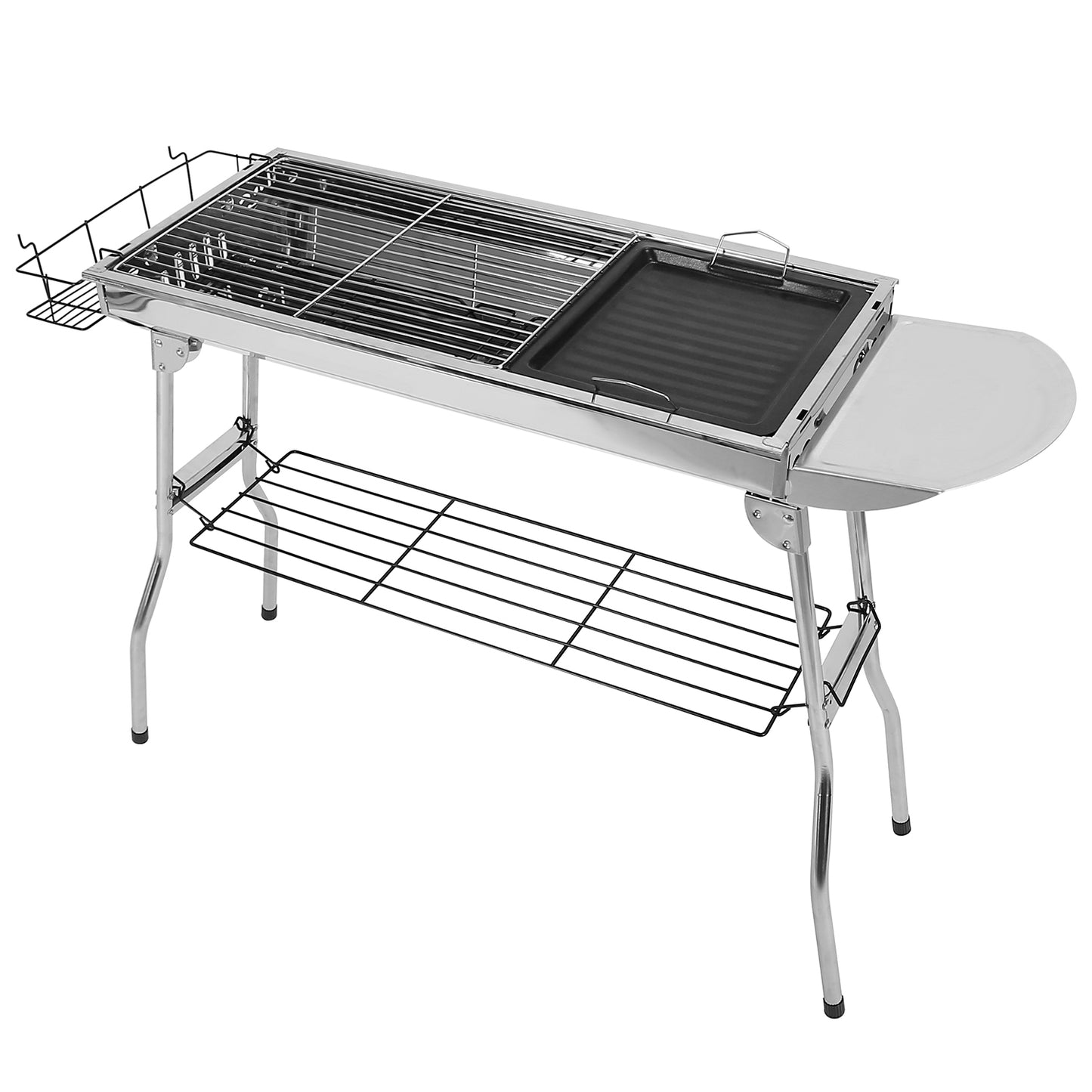 Portable outdoor grill with multiple cooking areas on a white background