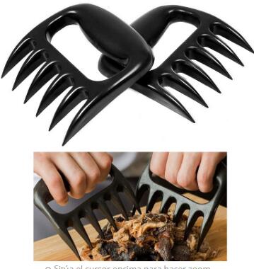 Black meat shredder claws with a close-up of hands using them to shred meat.