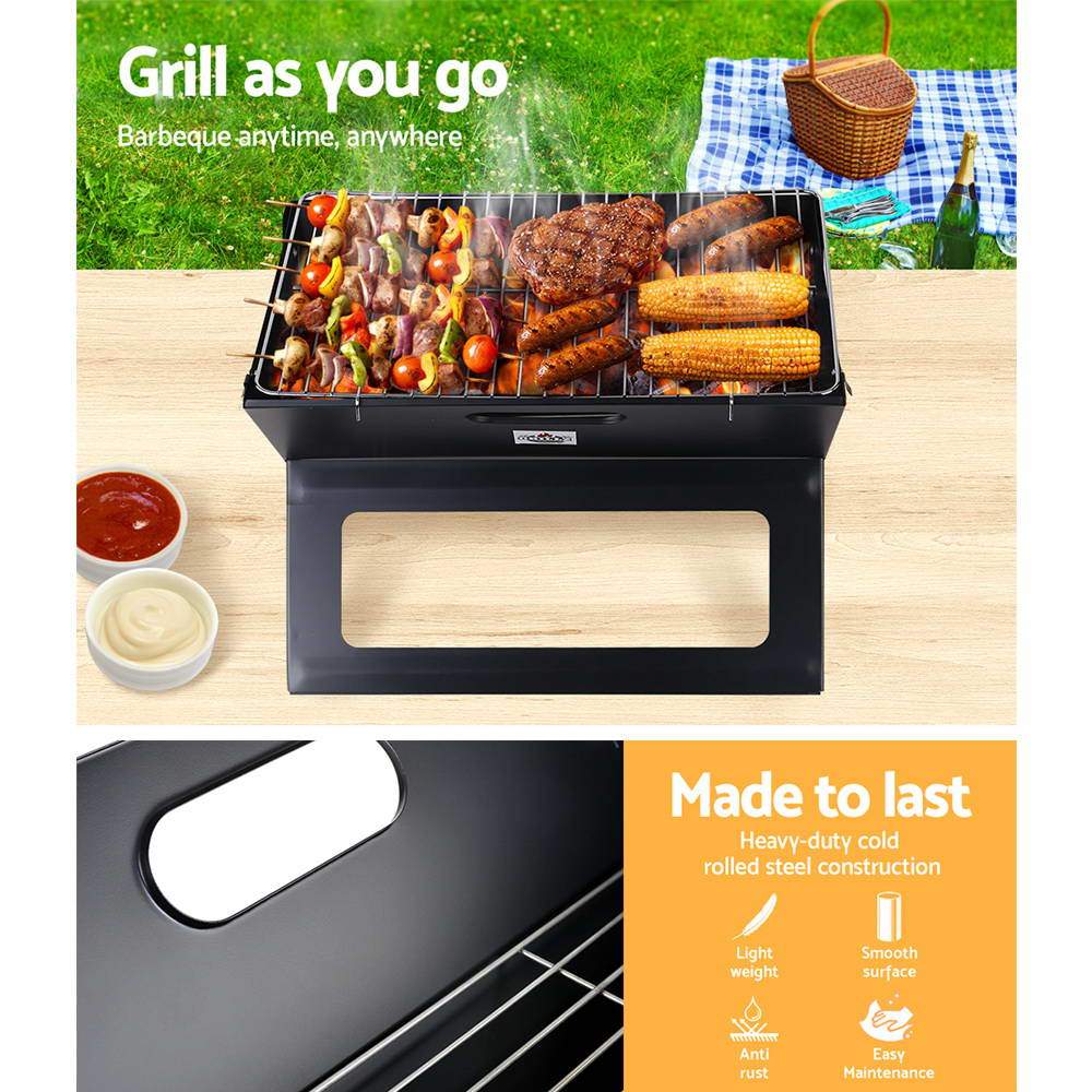 Portable grill with food on a wooden table outdoors, with text 'Grill as you go' and 'Made to last' on an orange background.