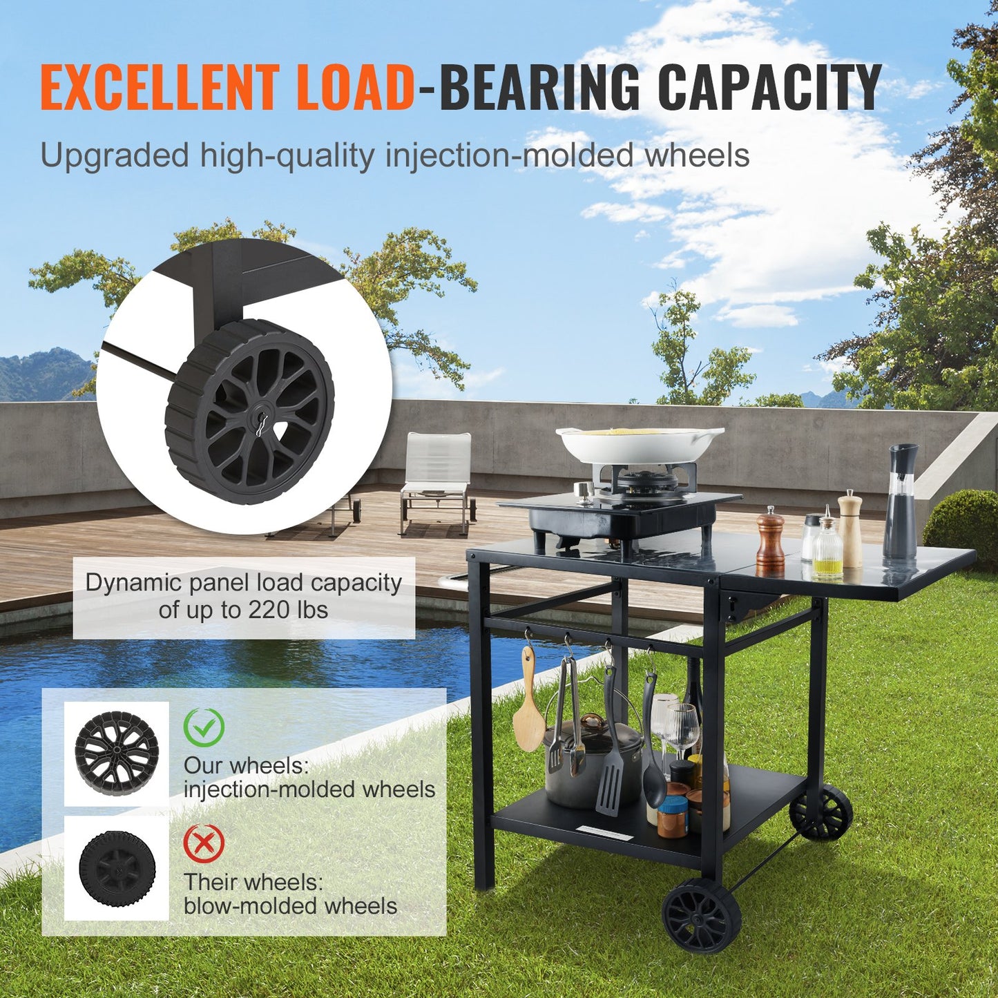 Outdoor grill dining cart with lower storage shelves for barbecue accessories and tools.