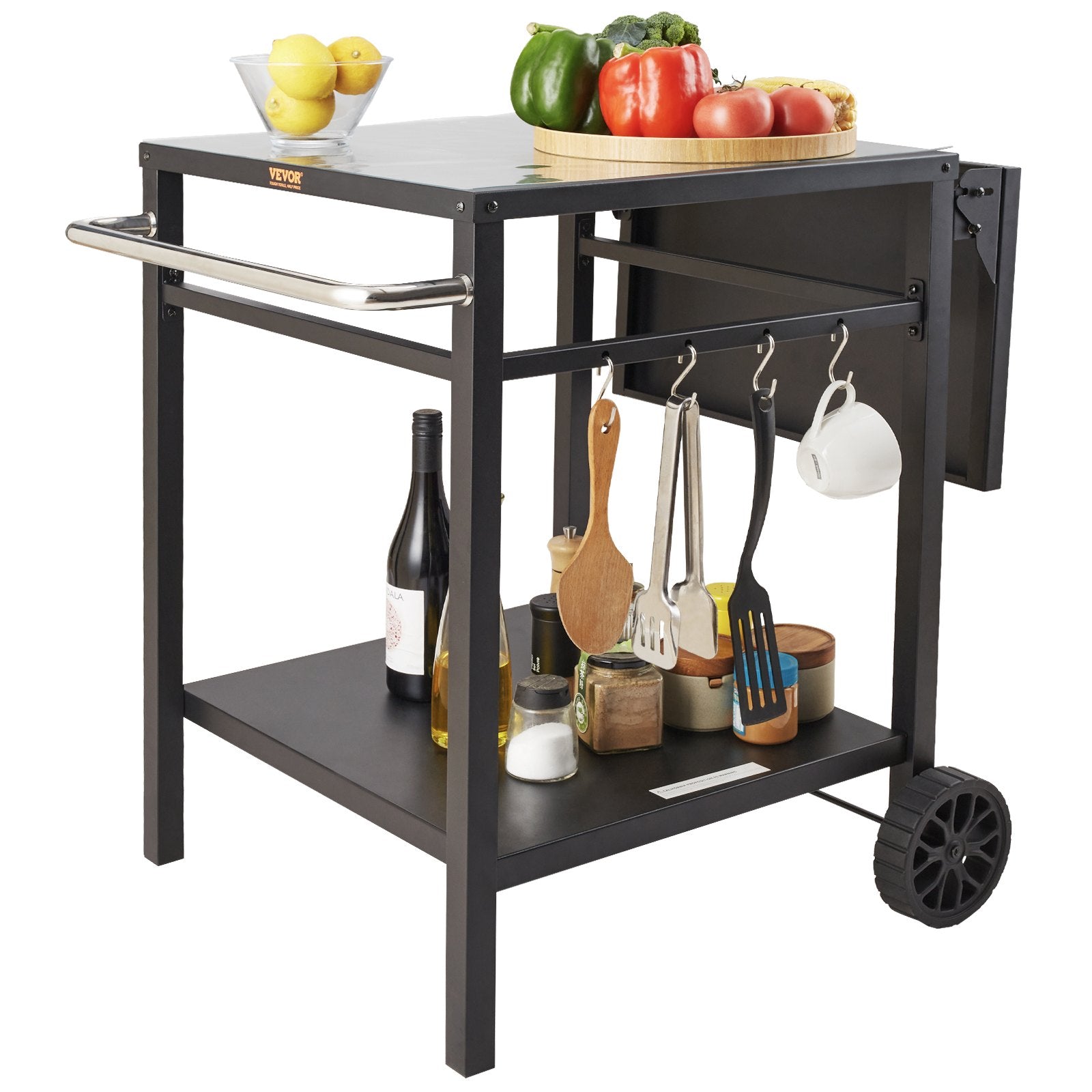 Outdoor grill dining cart with lower storage shelves for barbecue accessories and tools.