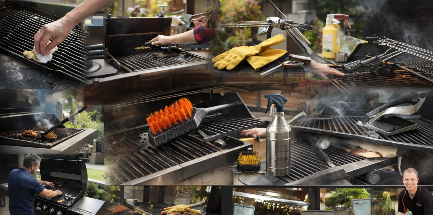 Collage of people using a grill with various items on the grill.