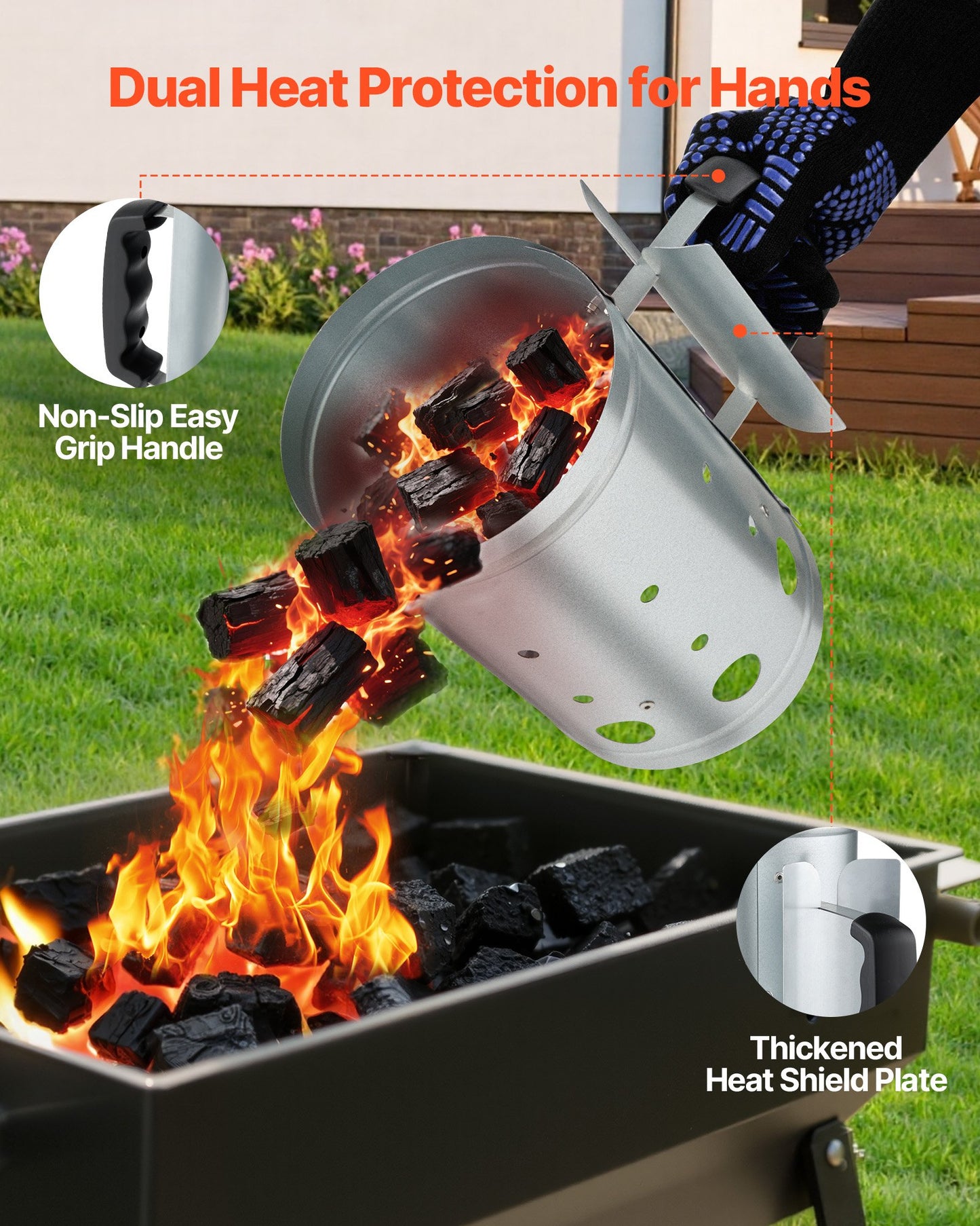Charcoal chimney starter in use heating charcoal briquettes for barbecue grill