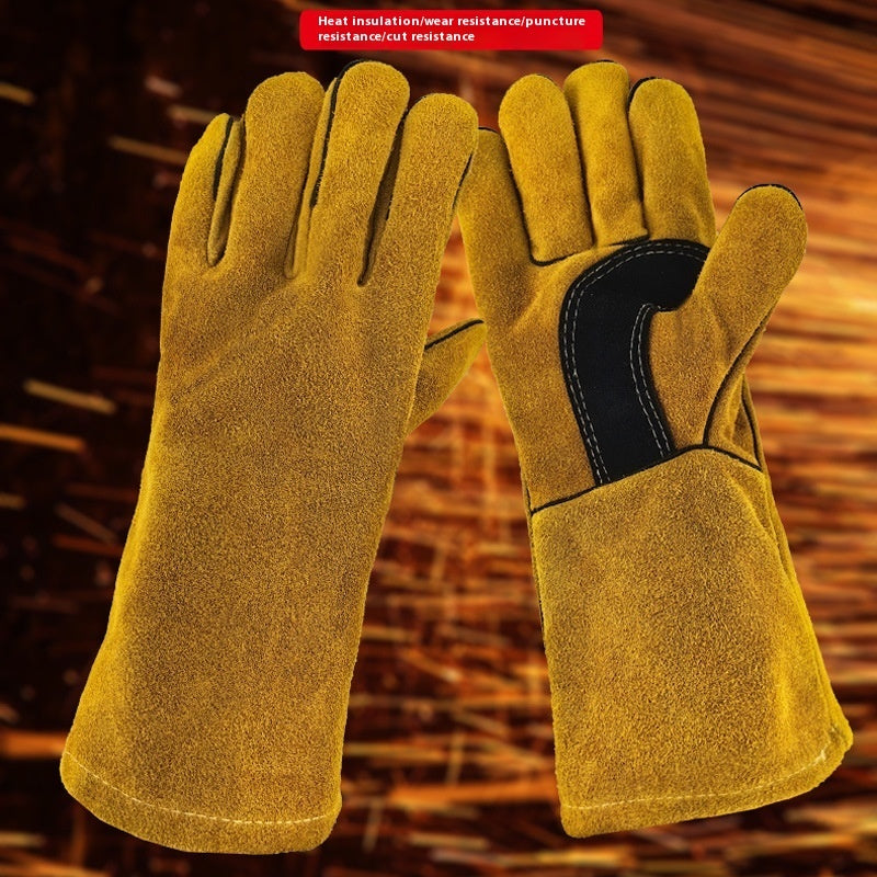 Close-up of outdoor BBQ leather gloves showing heat-resistant protective leather and non-slip grip