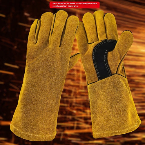 Close-up of outdoor BBQ leather gloves showing heat-resistant protective leather and non-slip grip
