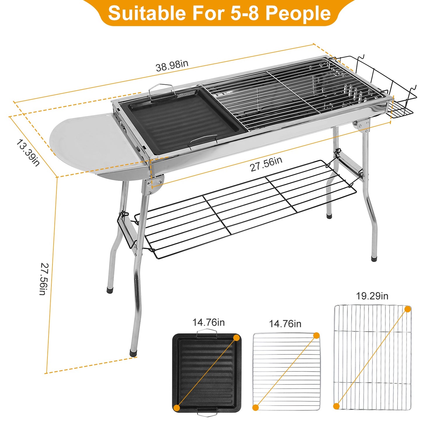 Stainless steel cooking grate on portable charcoal BBQ grill.