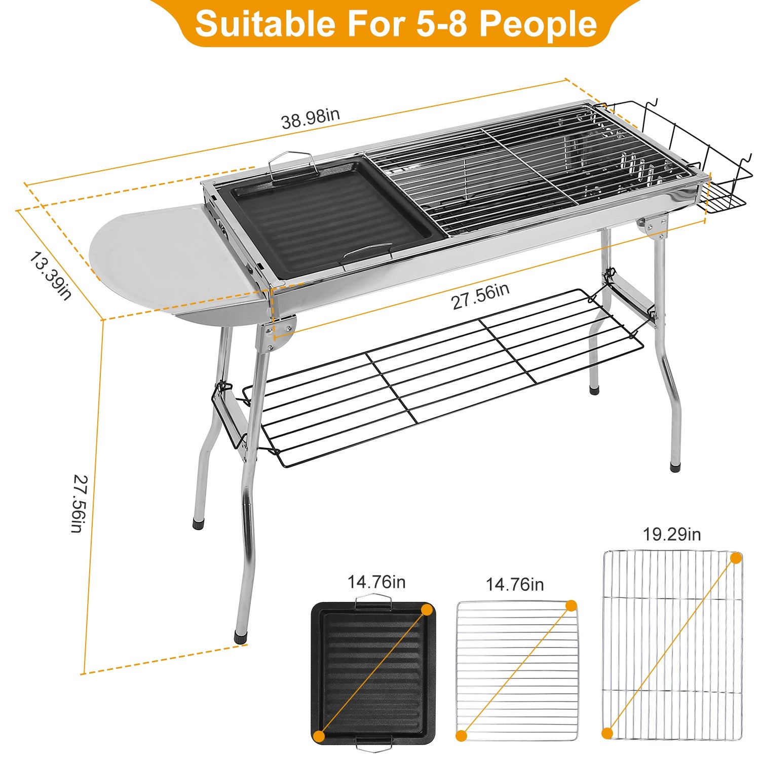 Stainless steel cooking grate on portable charcoal BBQ grill.