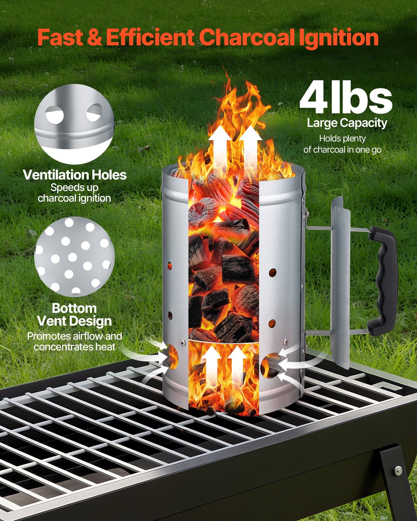 Charcoal lighter with flames on a grill, showing features like ventilation holes and bottom vent design.