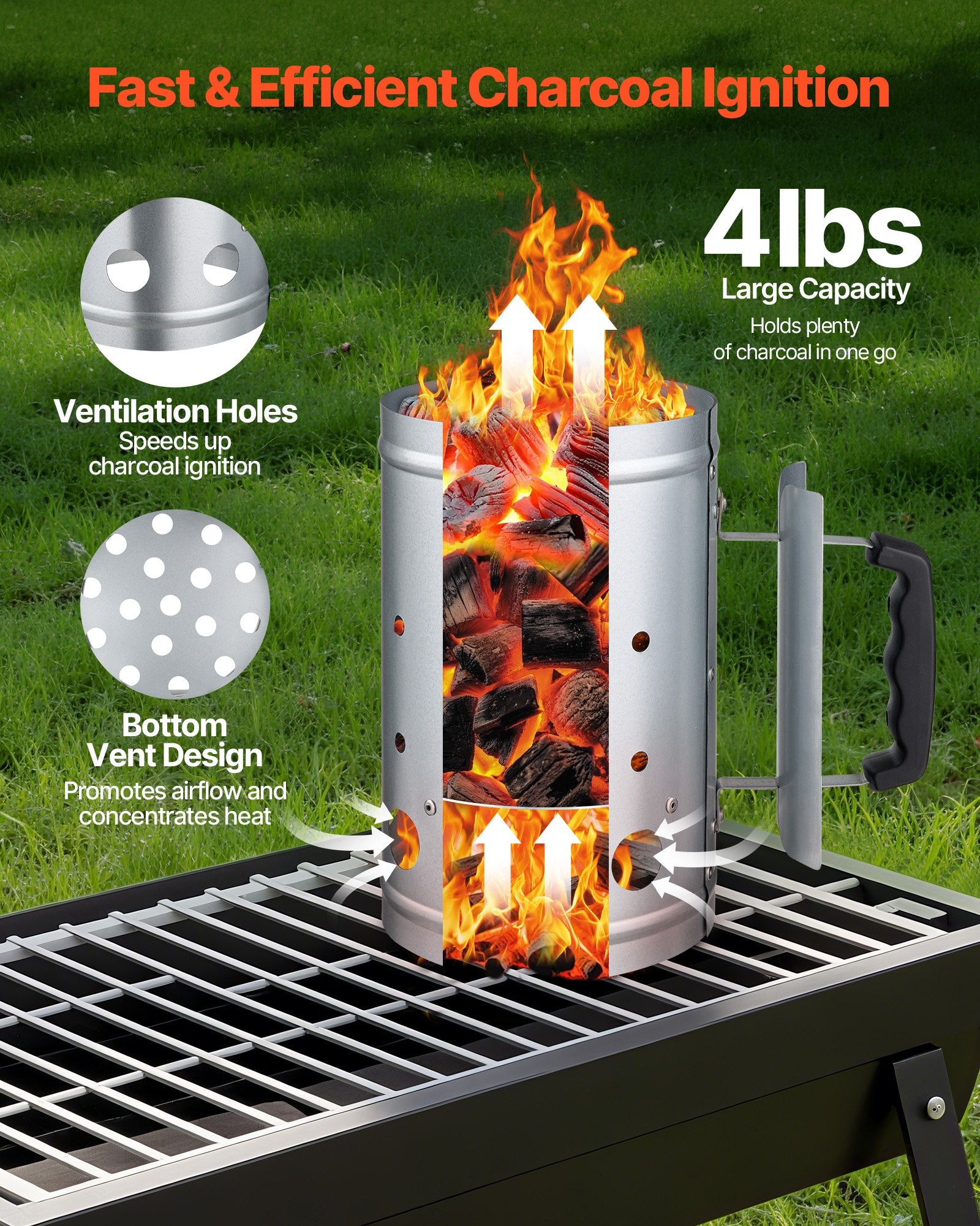 Charcoal lighter with flames on a grill, showing features like ventilation holes and bottom vent design.