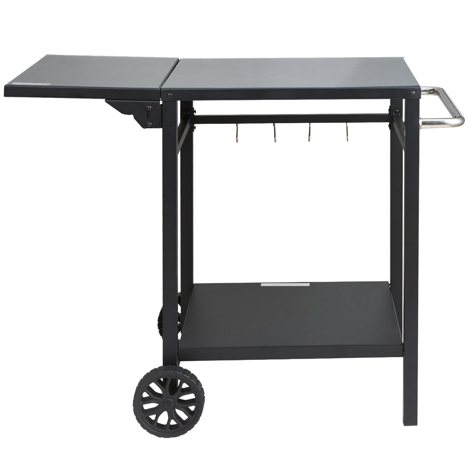 Foldable outdoor grill dining cart with iron table top for easy storage and transport.