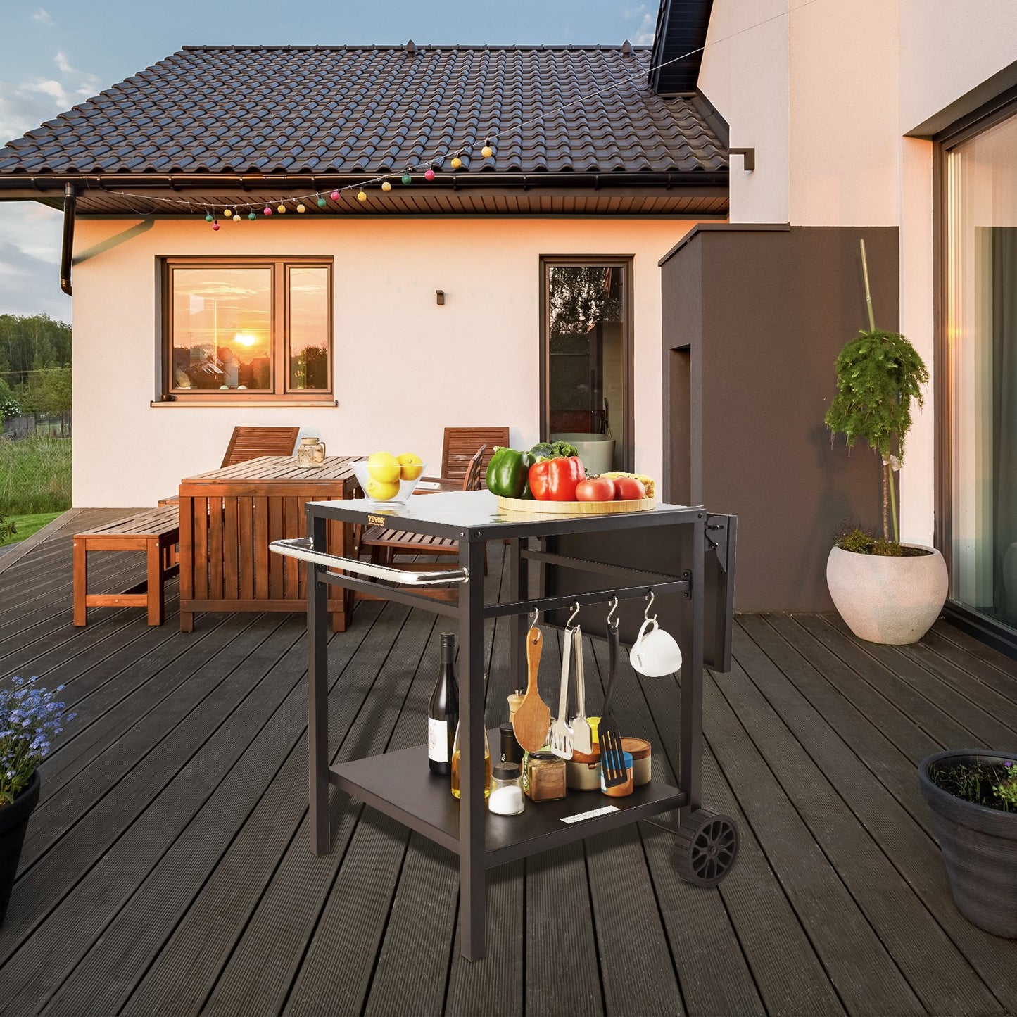 Mobile BBQ grill dining cart with double shelves and prep space for outdoor cooking.