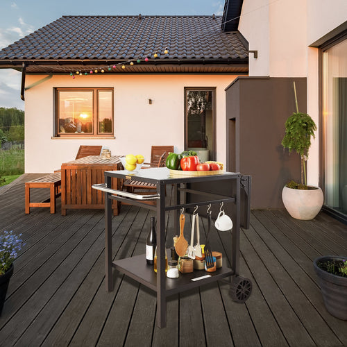 Mobile BBQ grill dining cart with double shelves and prep space for outdoor cooking.