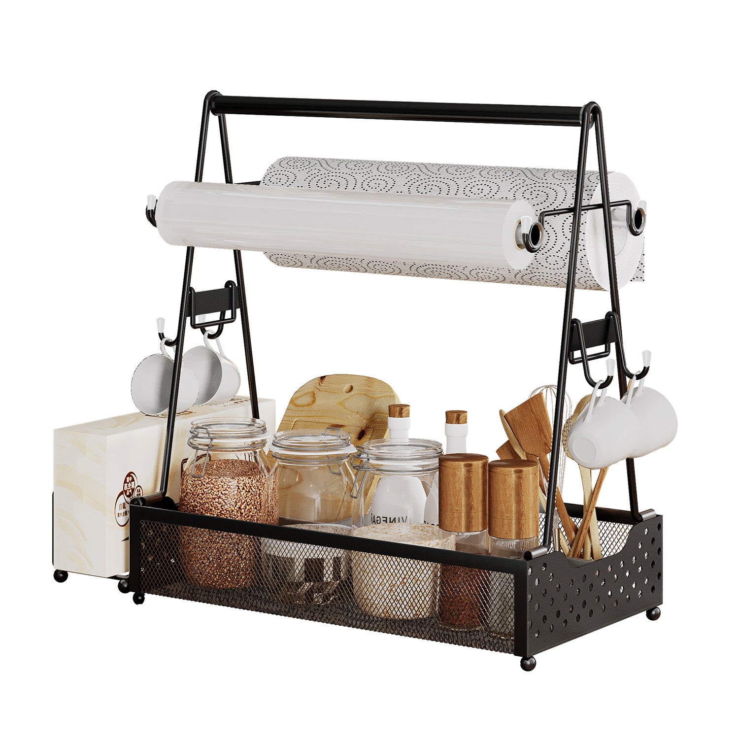 Outdoor metal grill utensil caddy with integrated paper towel holder for barbecue accessories.