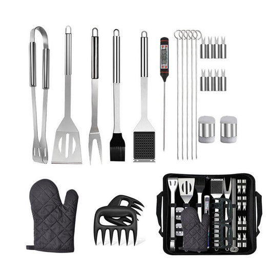 25-piece stainless steel BBQ grilling tools set with spatula, tongs, forks, skewers and accessories.
