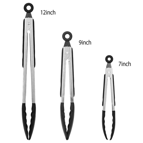 Set of 3 stainless steel locking food tongs with BPA-free silicone tips for BBQ and grilling.