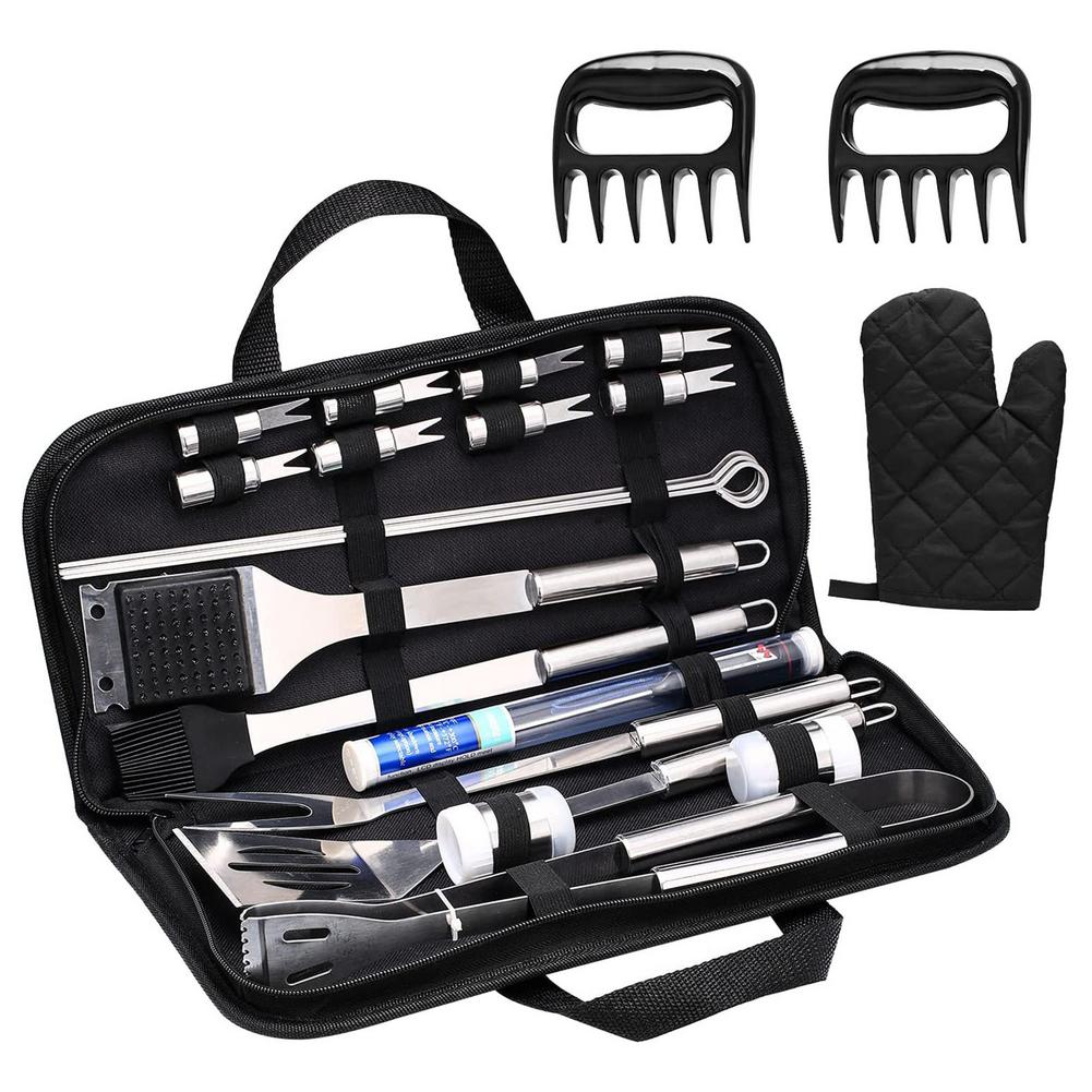 25-piece stainless steel BBQ grilling tools set with spatula, tongs, forks, skewers and accessories