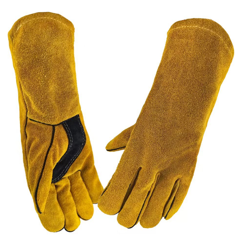 Heat-resistant leather BBQ gloves being used for outdoor grilling and campfire cooking.
