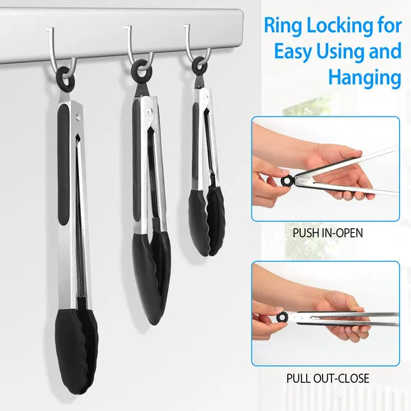 Stainless steel locking kitchen tongs with silicone grip for BBQ and camp cooking.