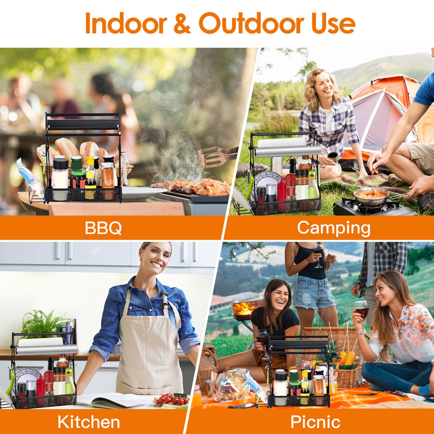 Portable outdoor grilling organizer with utensil caddy and towel holder for backyard barbecue