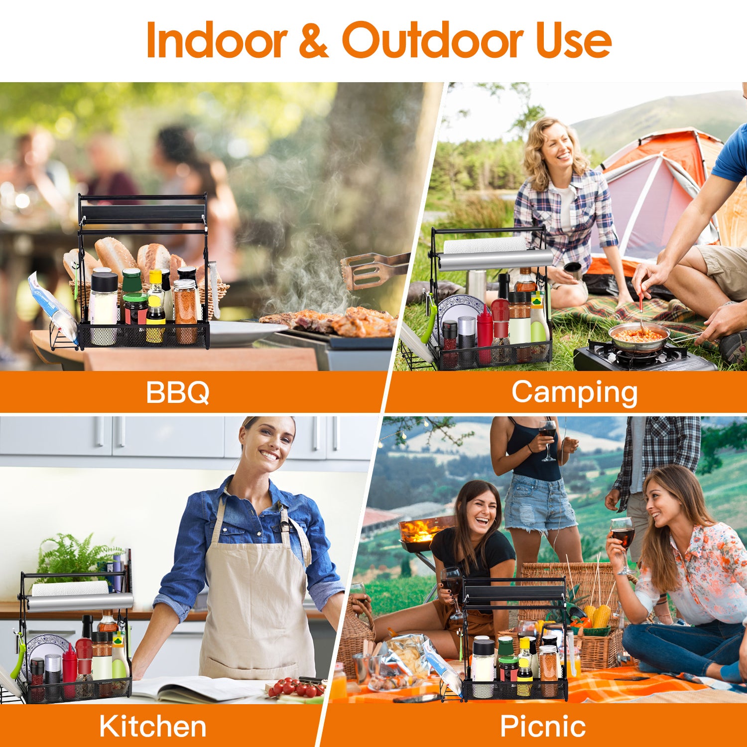 Portable outdoor grilling organizer with utensil caddy and towel holder for backyard barbecue