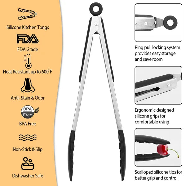 Locking food tongs with ergonomic handle and secure locking mechanism for outdoor grilling.