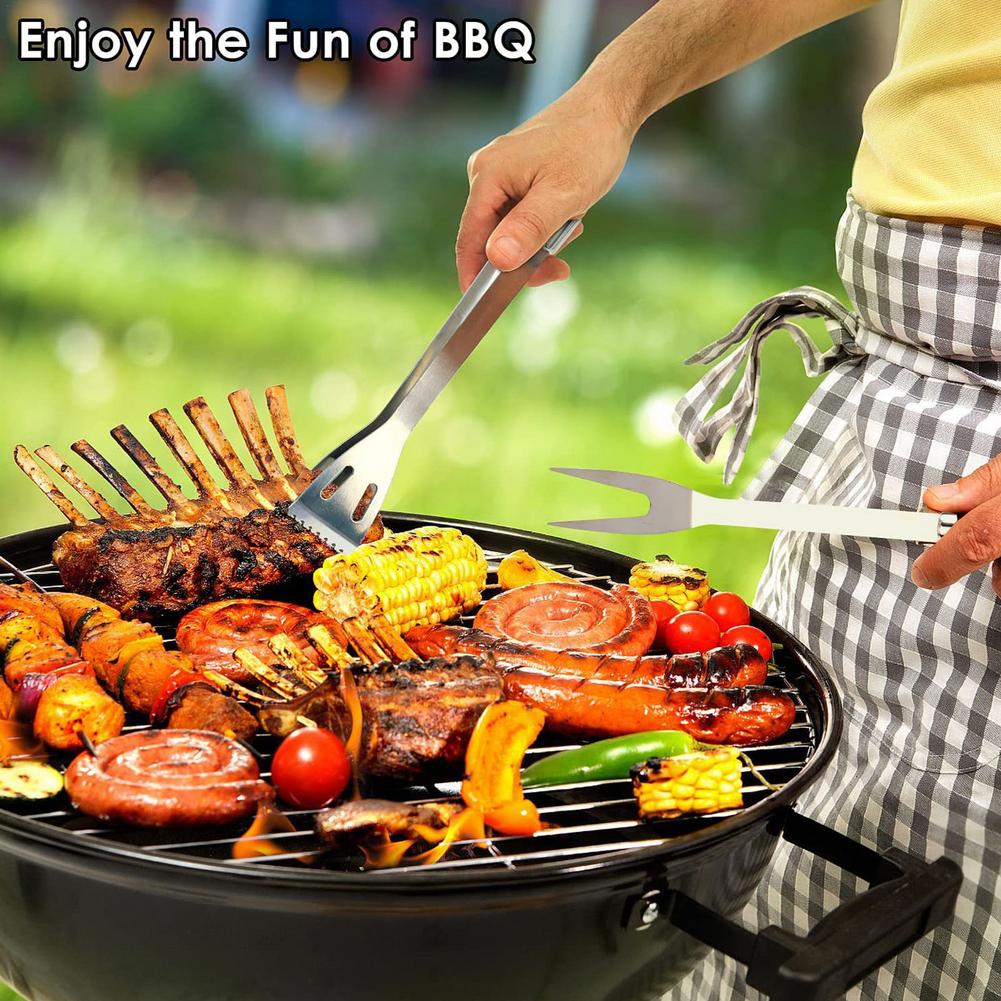 25-piece BBQ grilling tools set in use during outdoor barbecue cooking.