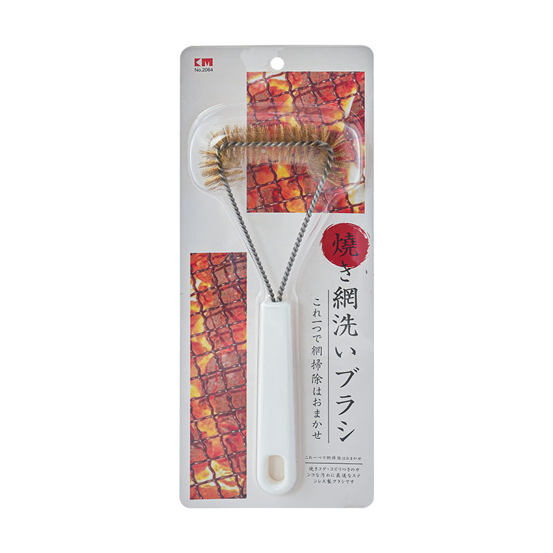 “BBQ grill brush cleaning tool with scraper edge in product display.