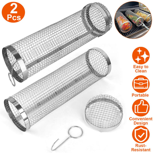 Two metal mesh tubes with a hook, featuring icons and text about product features.