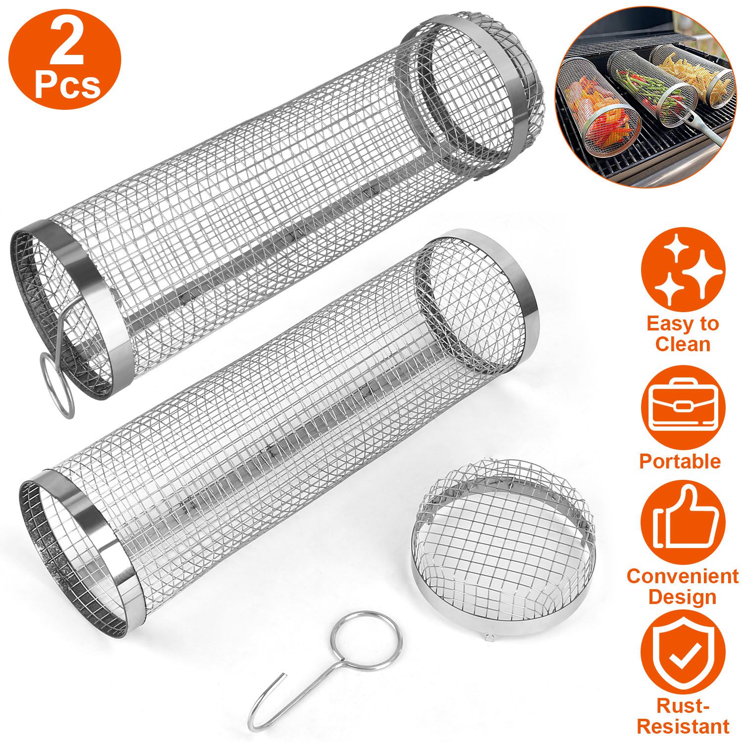 Two metal mesh tubes with a hook, featuring icons and text about product features.