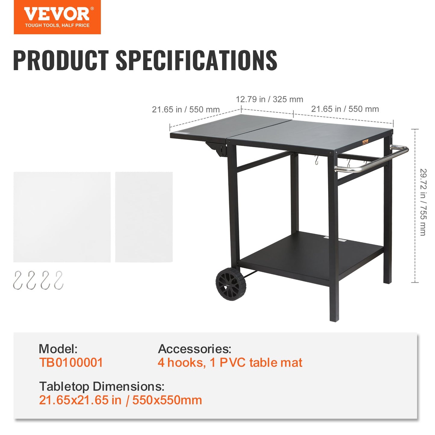 Product specifications of a VEVOR tabletop with dimensions and accessories listed.