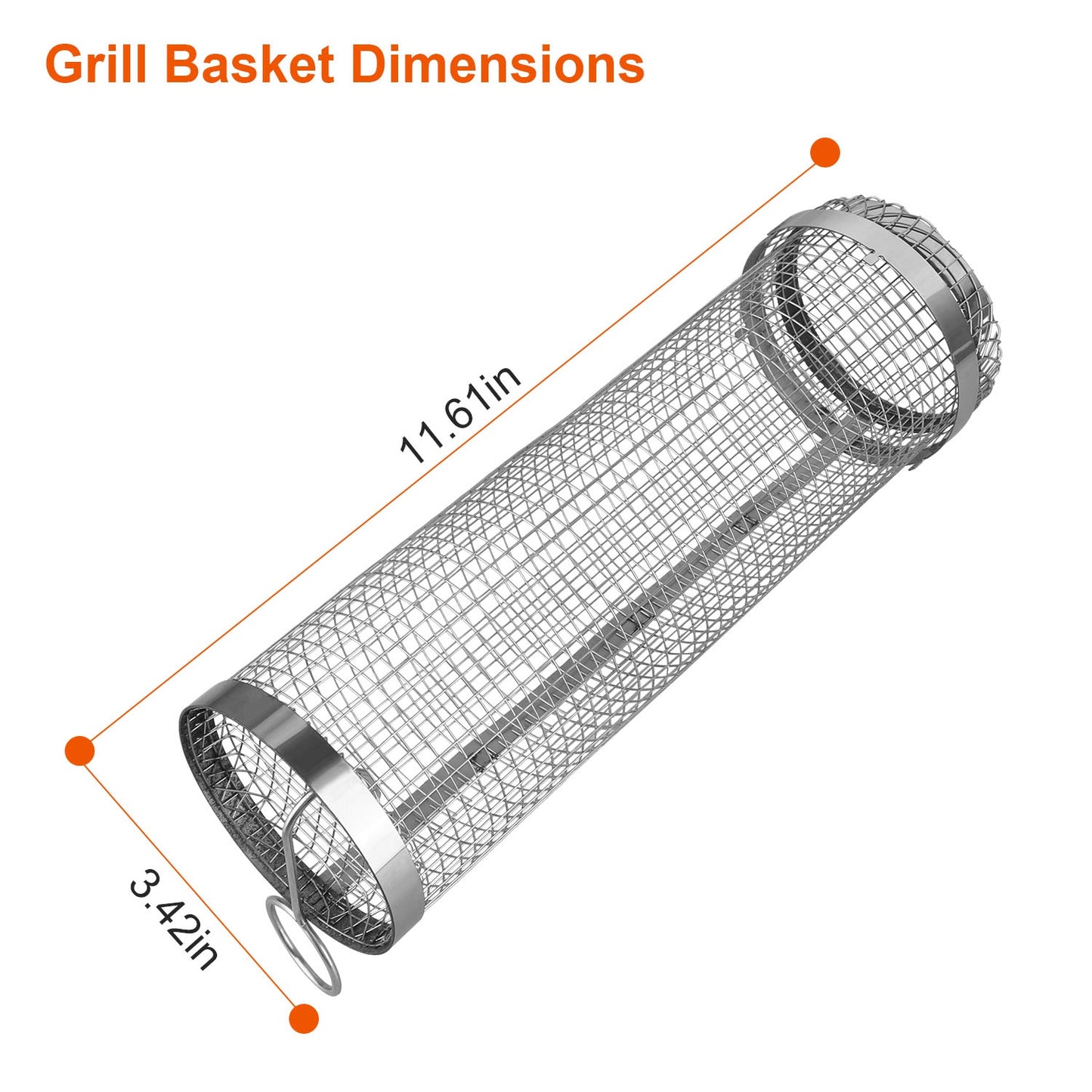 Grill basket with dimensions labeled on a white background