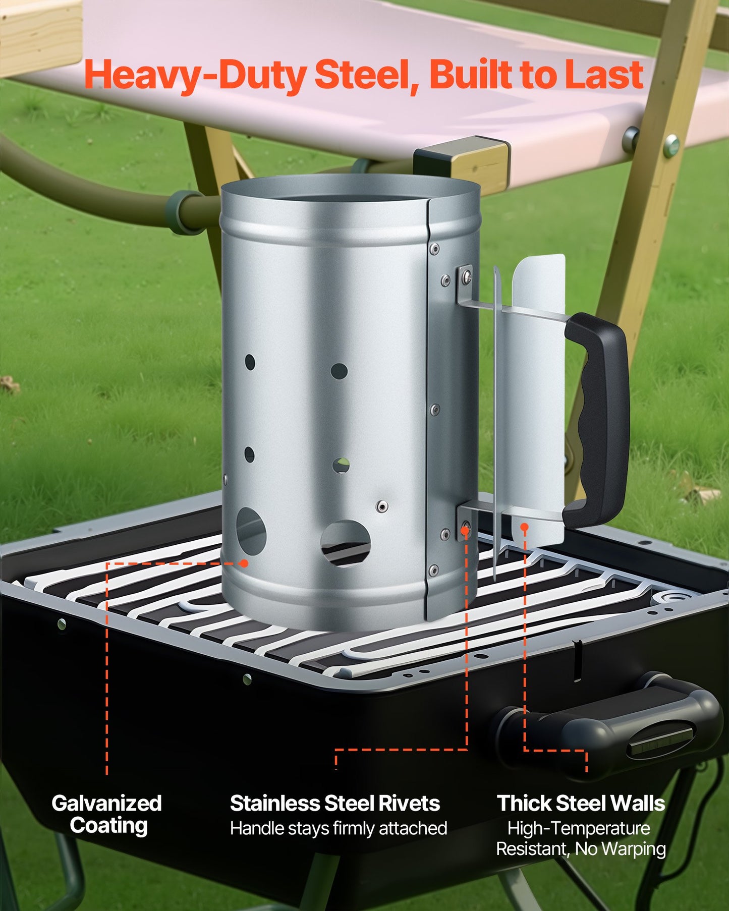 Charcoal chimney starter with ergonomic handle for easy outdoor grill lighting.