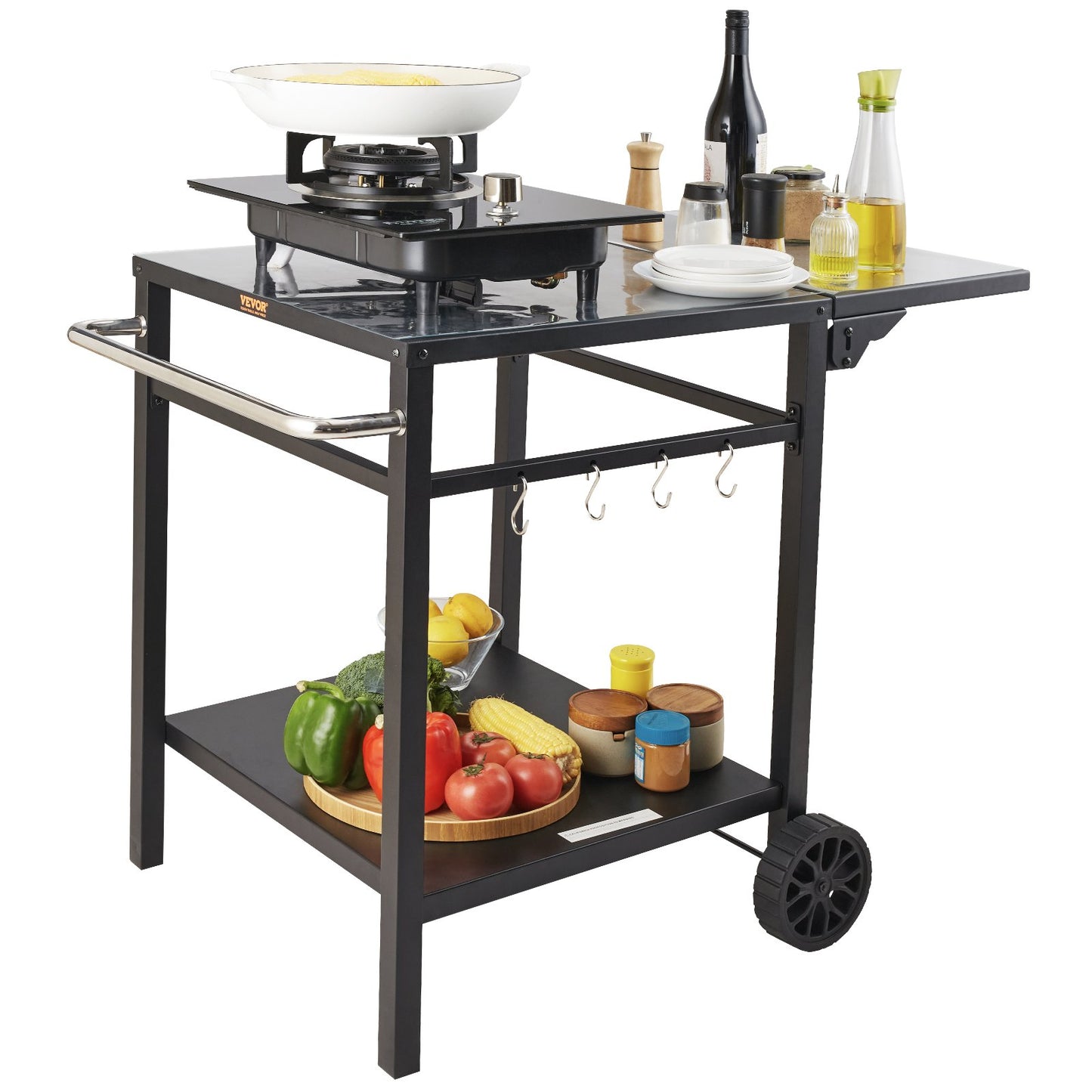 Foldable outdoor BBQ grill cart with iron tabletop and two wheels for easy movement.