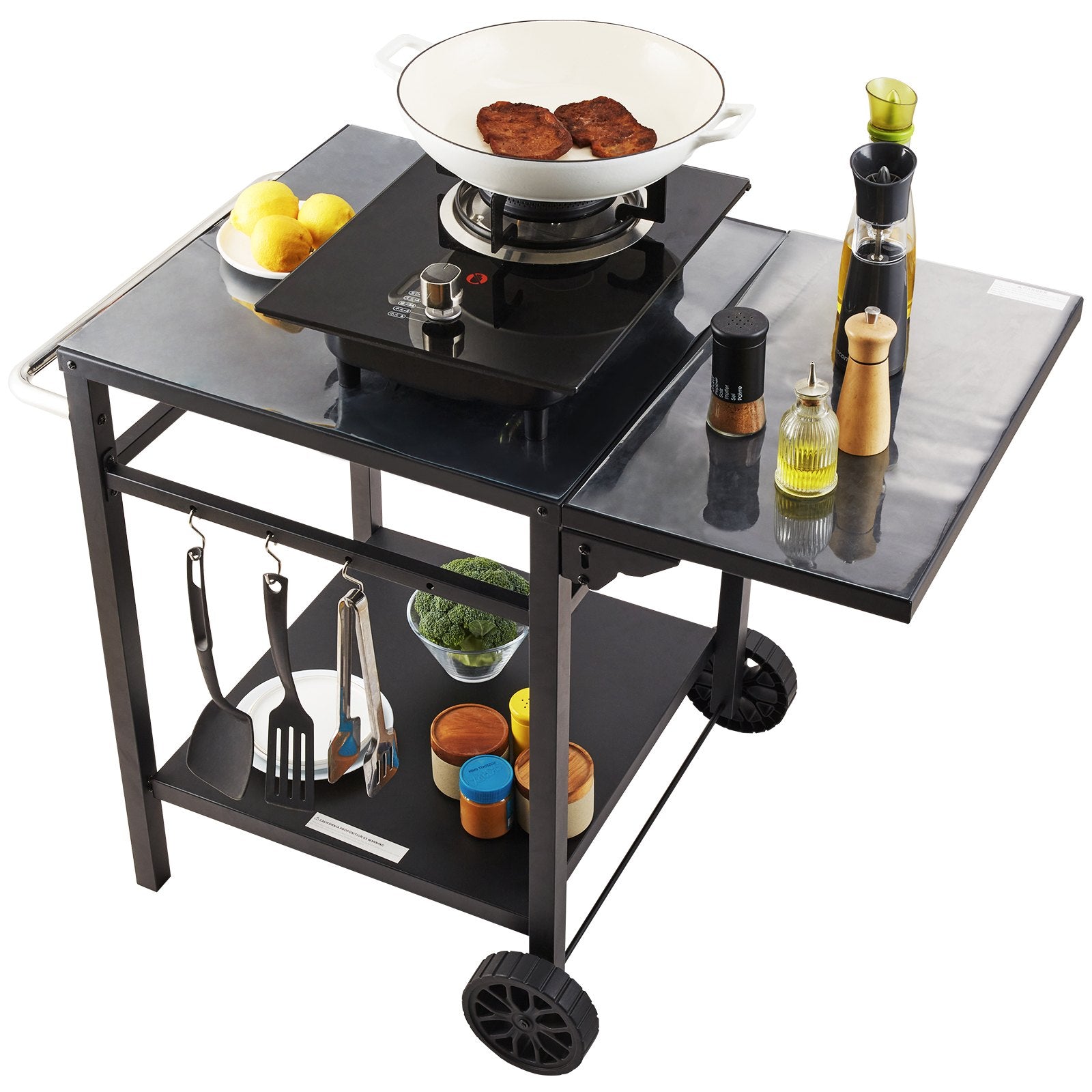 “Foldable outdoor BBQ grill cart with iron tabletop and two wheels for easy movement.”