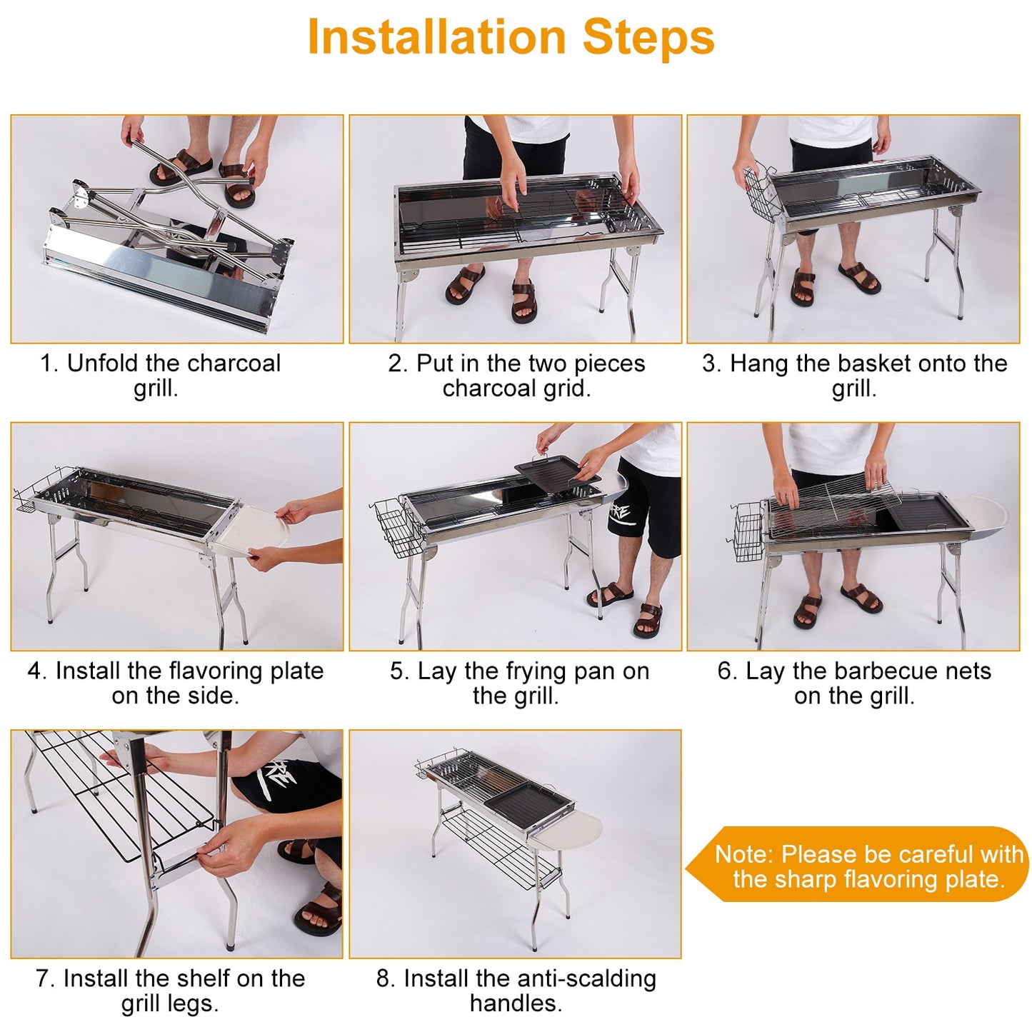 Dimensions diagram of foldable portable stainless steel BBQ grill.