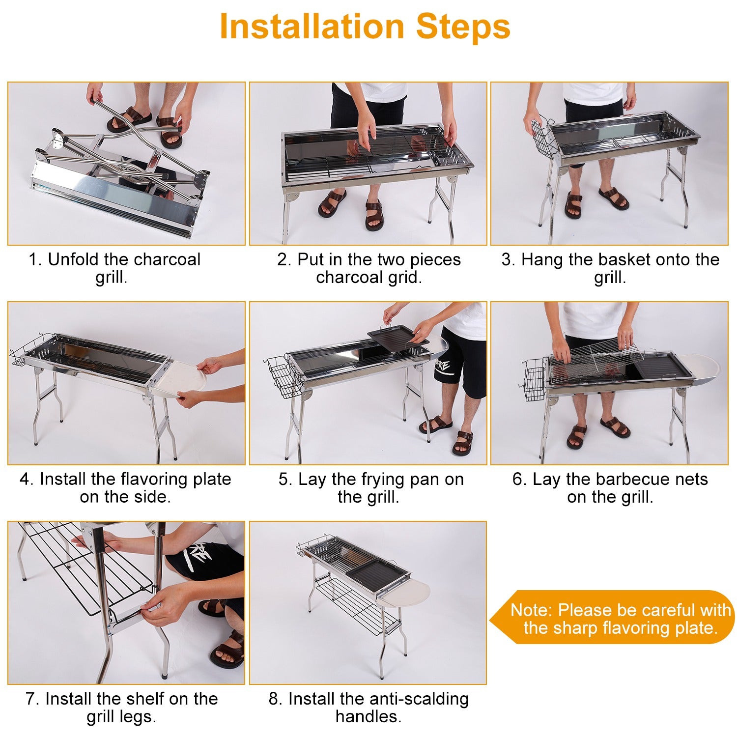 Dimensions diagram of foldable portable stainless steel BBQ grill.