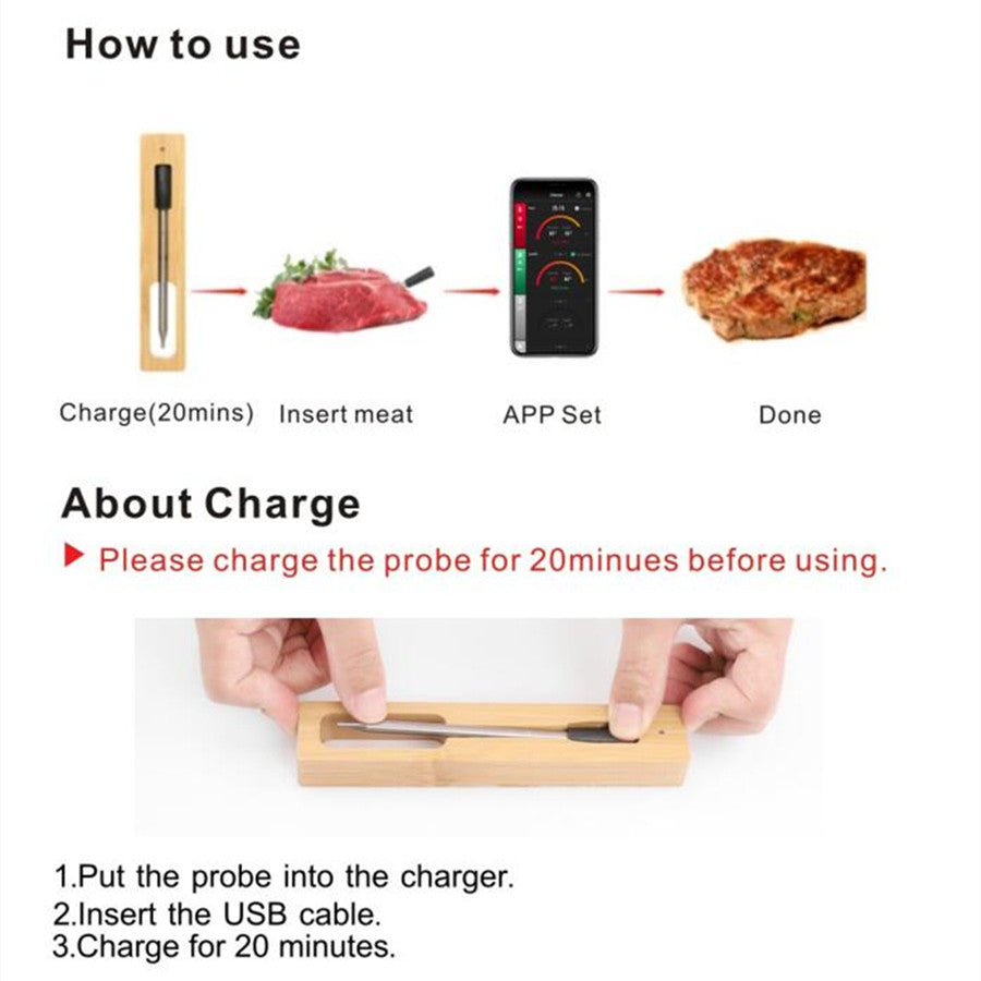 Wireless Bluetooth BBQ probe thermometer monitoring meat temperature on grill during outdoor cook.