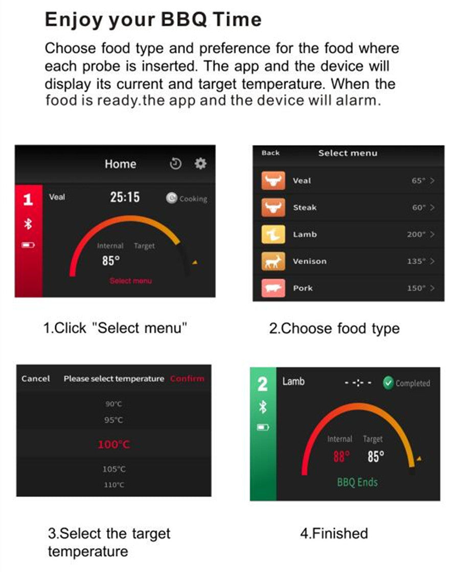 Smartphone app monitoring wireless BBQ probe thermometer via Bluetooth for real-time temperature tracking.
