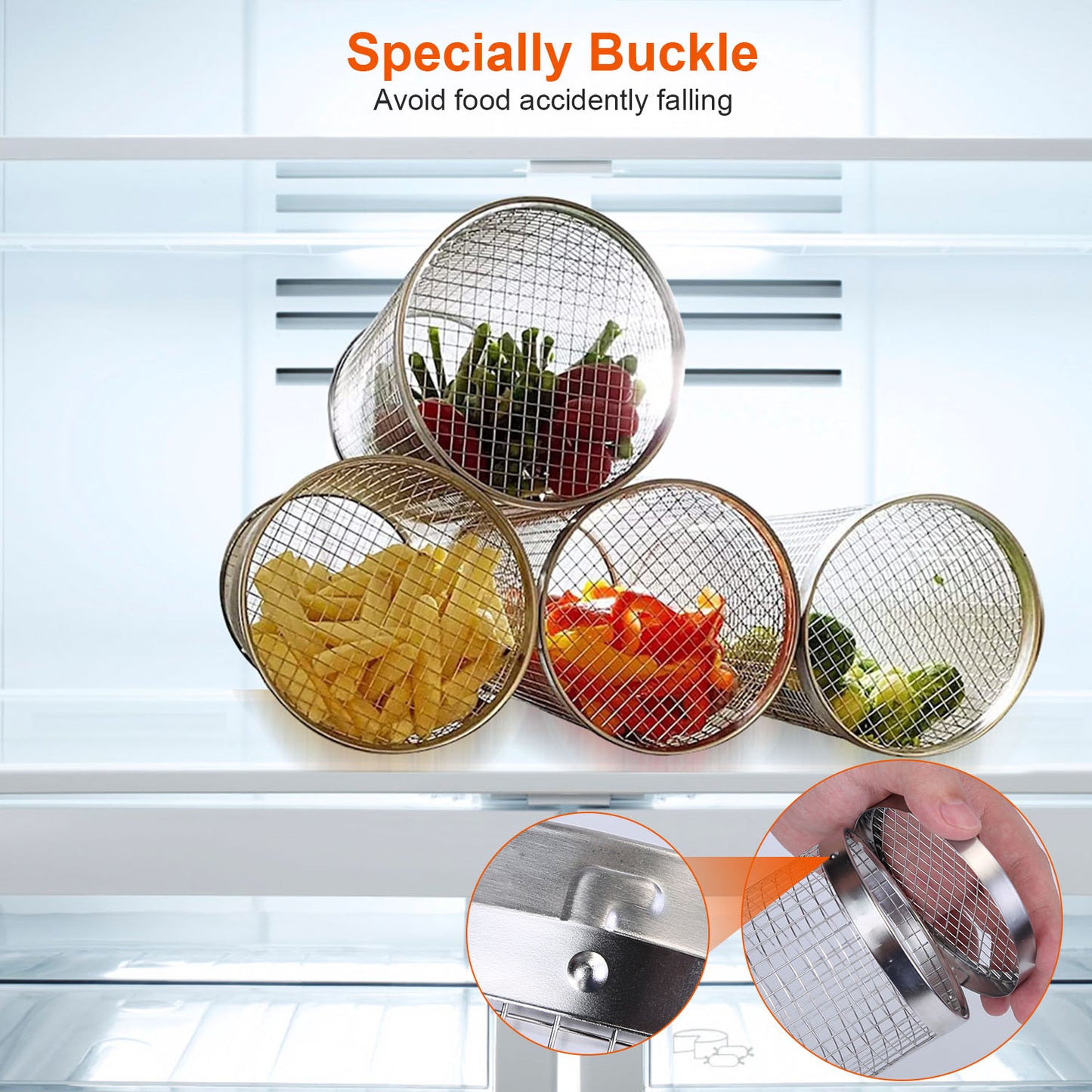 Metal mesh food storage containers with vegetables inside, placed on a refrigerator shelf.