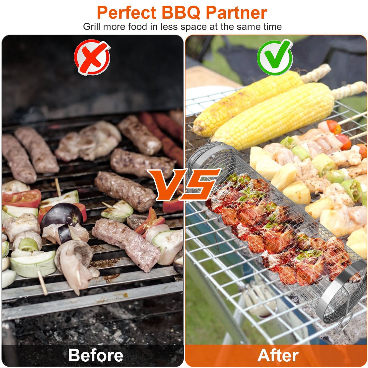 Comparison of grilling setup with and without a grill basket, showing better use of space and cooking efficiency.