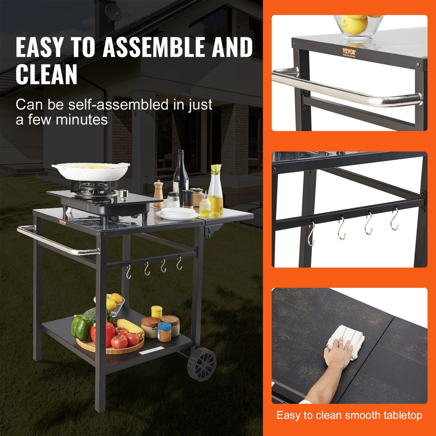 Portable kitchen cart with cooking elements and text highlighting ease of assembly and cleaning.