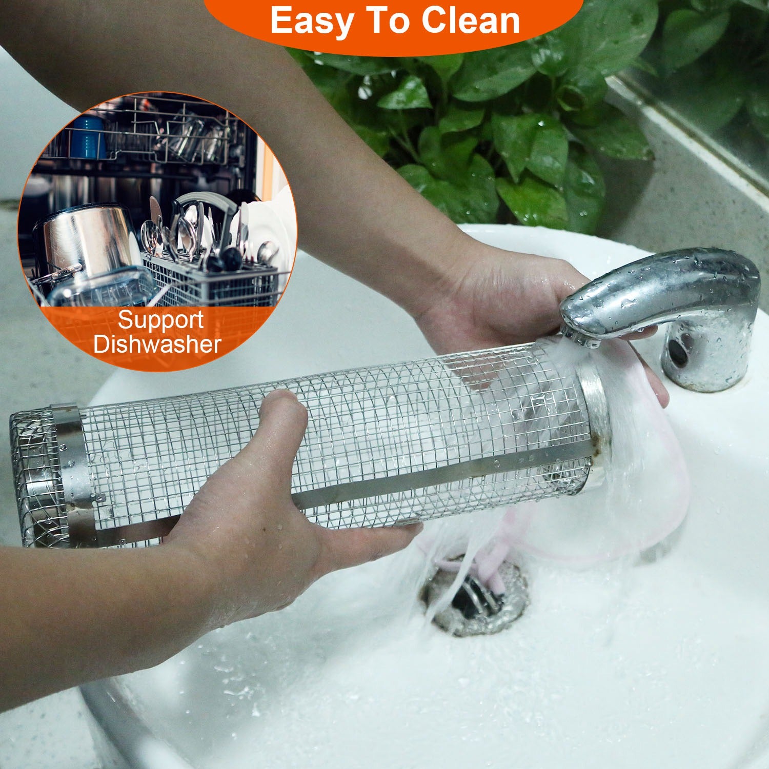 Person washing a metal filter with soap and water, surrounded by greenery.
