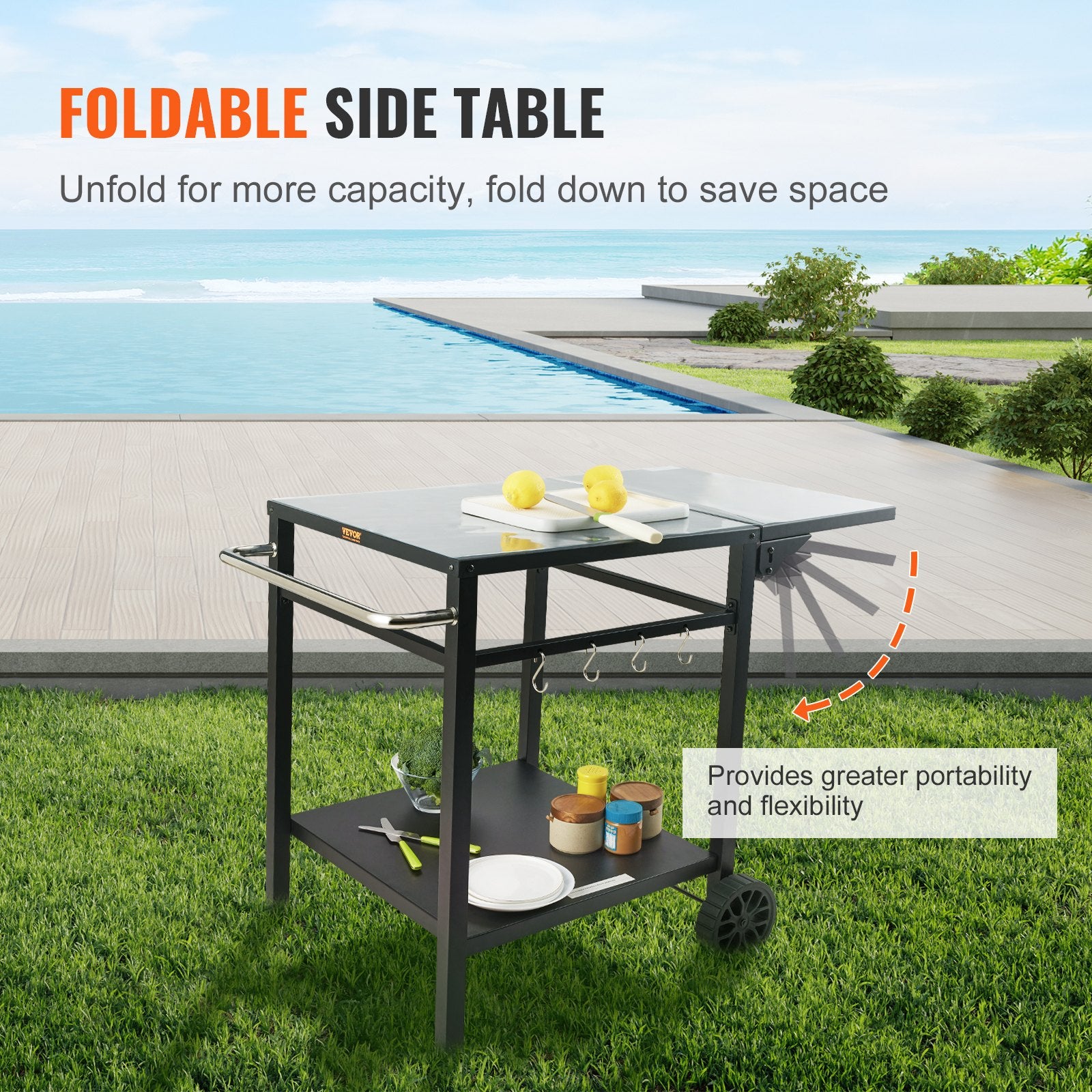 Foldable side table with wheels on grass by a poolside, featuring text about its functionality.