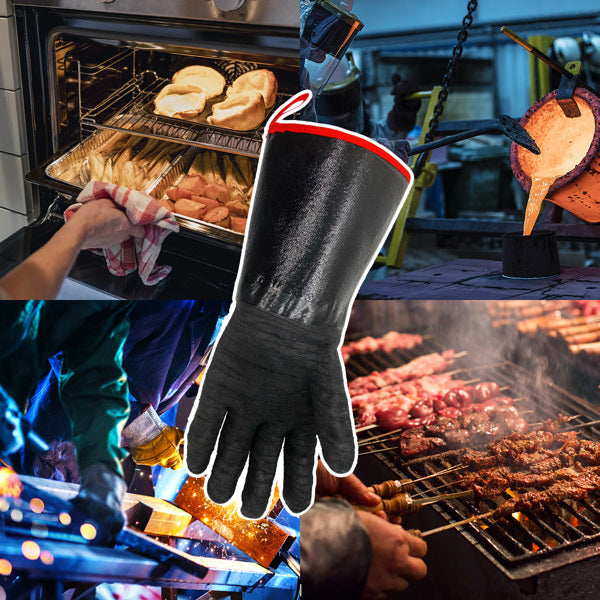 Heat-proof barbecue grill gloves with long sleeves for handling hot grills and cookware