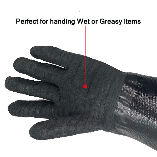 Black glove on a hand with text indicating it's perfect for handling wet or greasy items.