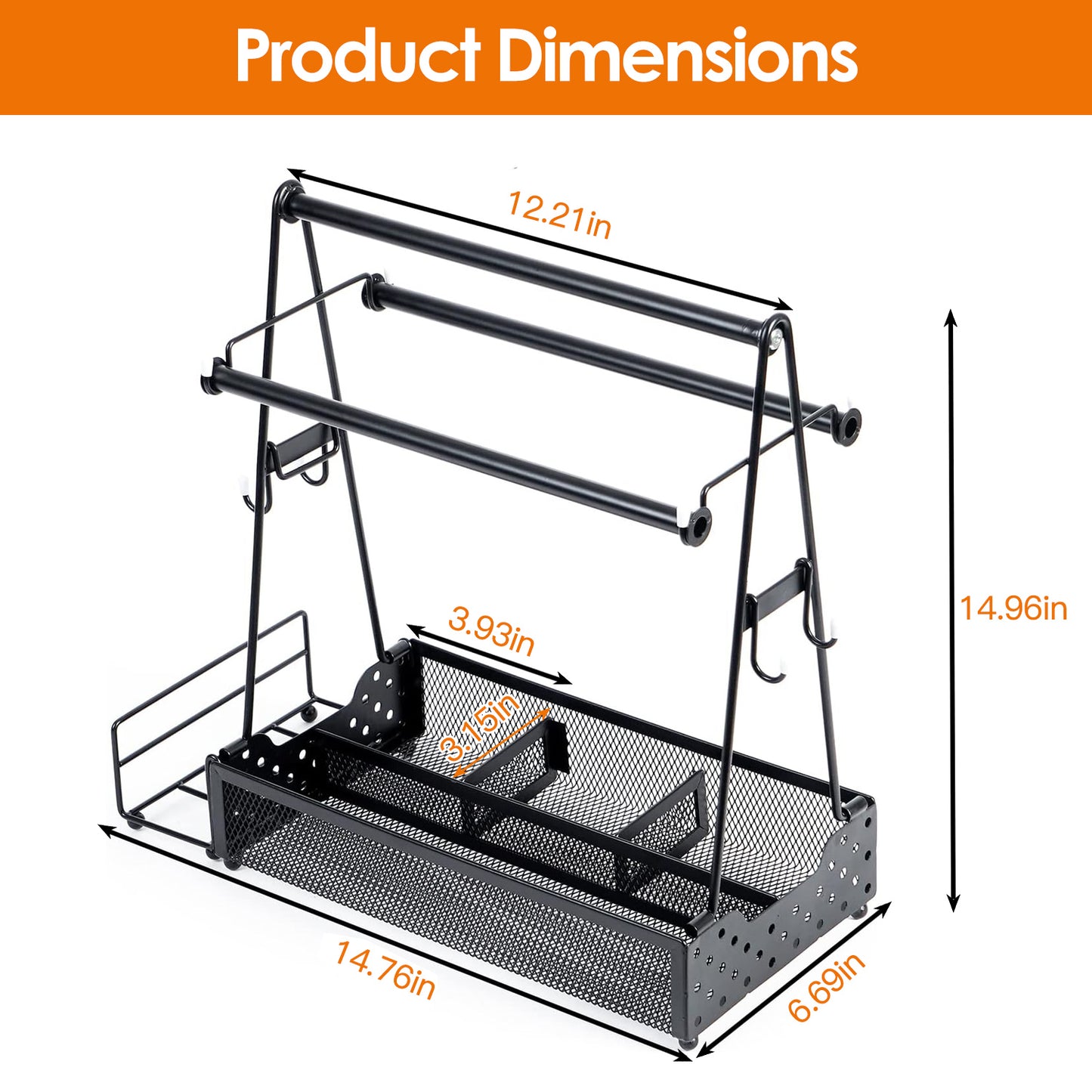 Black metal kitchen rack with dimensions labeled 