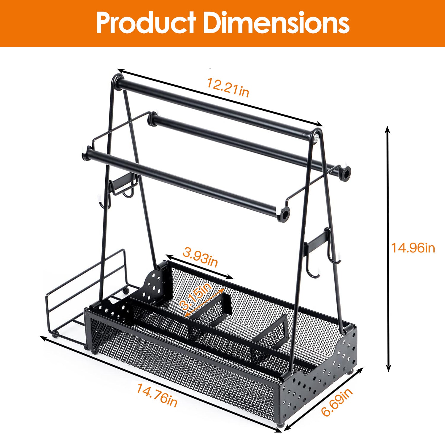 Black metal kitchen rack with dimensions labeled 